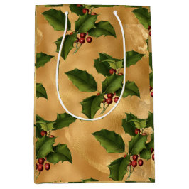 Luxe Gold Foil, Green Holly, Red Berries Mittlere Geschenktüte