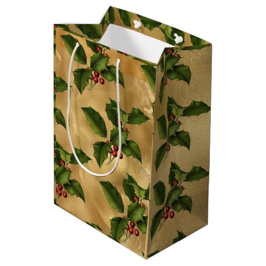 Luxe Gold Foil, Green Holly, Red Berries Mittlere Geschenktüte (Rückseite Schrägansicht)