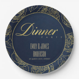 LUXE GOLD NAVY ELEGANT ROSE FLORAL DINNER PARTY PAPPTELLER