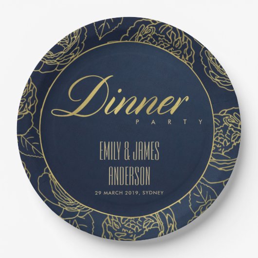LUXE GOLD NAVY ELEGANT ROSE FLORAL DINNER PARTY PAPPTELLER (Vorderseite)