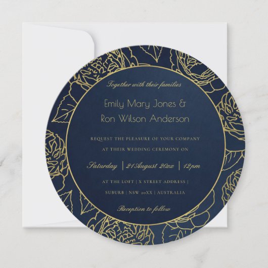 LUXE GOLD NAVY KRAFT ELEGANTE ROSE BLUMENWEDD EINLADUNG (Vorderseite)