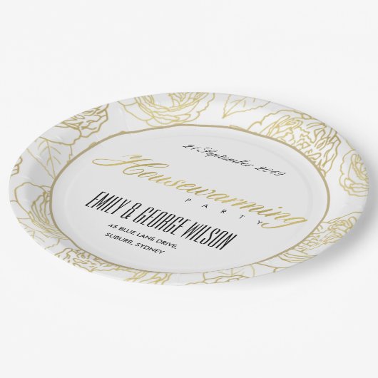 LUXE GOLD WEISSE ELEGANTE ROSE BLUMENHAUS PAPPTELLER (Schrägansicht)