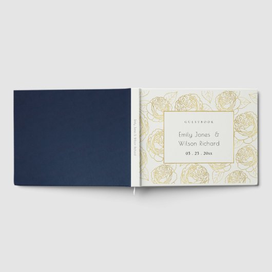LUXE GOLD WHITE NAVY ELEGANT ROSE FLORAL GÄSTEBUCH (Voll)