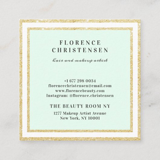 Luxe goldfarbene Glitzer-Rahmen Minze grün und wei Quadratische Visitenkarte (Rückseite)