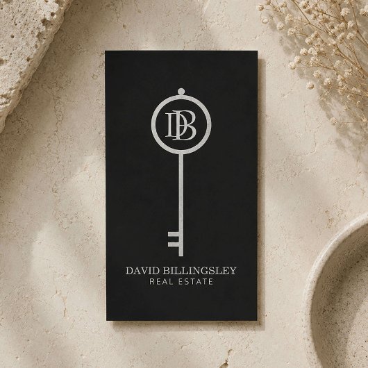 Luxe Gray Skeleton Key Monogram Realtor Visitenkarte