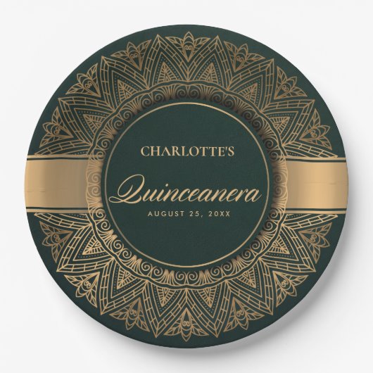 LUXE GREEN GOLD CLASSIC VERZIERT MANDALA QUINCEANE PAPPTELLER (Vorderseite)