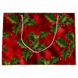 Luxe Green Holly, Red Berries Foil Large Gift Bag Große Geschenktüte