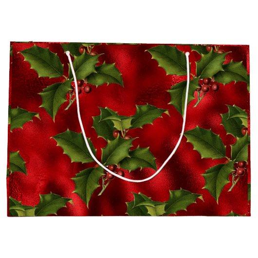 Luxe Green Holly, Red Berries Foil Large Gift Bag Große Geschenktüte (Rückseite)