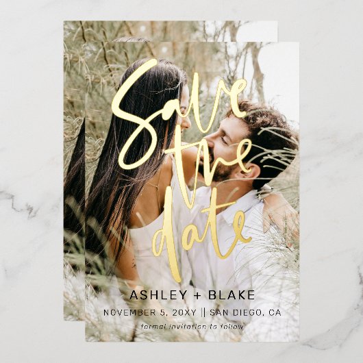 Luxe Handgeschriebenes Script-Foto Save the Date Folieneinladung (Vorderseite/Rückseite)