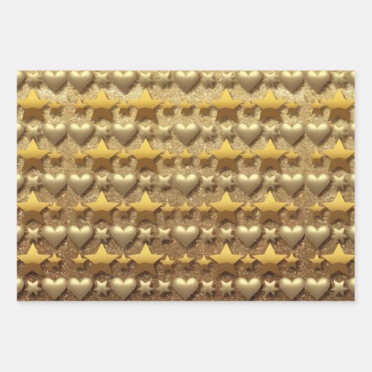 Luxe Hearts Stars Gold Glitzer Wrapping Paper Geschenkpapier Set (Vorderseite)
