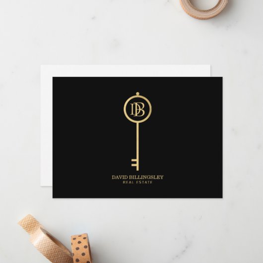 Luxe Imitats Gold Skeleton Key Monogram Black Mitteilungskarte (Vorderseite/Rückseite Beispiel)