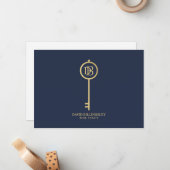Luxe Imitats Gold Skeleton Key Monogram Navy Mitteilungskarte (Vorderseite/Rückseite Beispiel)