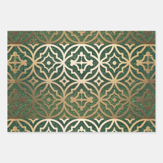 Luxe Imitats Green Glitzer Metallic Gold Kaleidosk Geschenkpapier Set (Vorderseite)