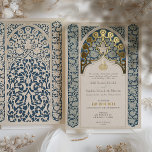 Luxe Islamic Lace Dusty Blue Wedding Folieneinladung<br><div class="desc">Genießen Sie die exquisite Schönheit der islamischen Kunst mit dieser luxuriösen Hochzeitseinladung, perfekt für Paare, die die faszinierenden Designs und kulturellen Reichtum der islamischen Kalligraphie und Muster schätzen. Die Vorderseite der Einladung besticht durch ein faszinierendes, von der islamischen Architektur inspiriertes, tiefblaues und cremefarbenes Spitzendesign. Dieser Bogen umschließt einen zarten Goldfolienakzent,...</div>