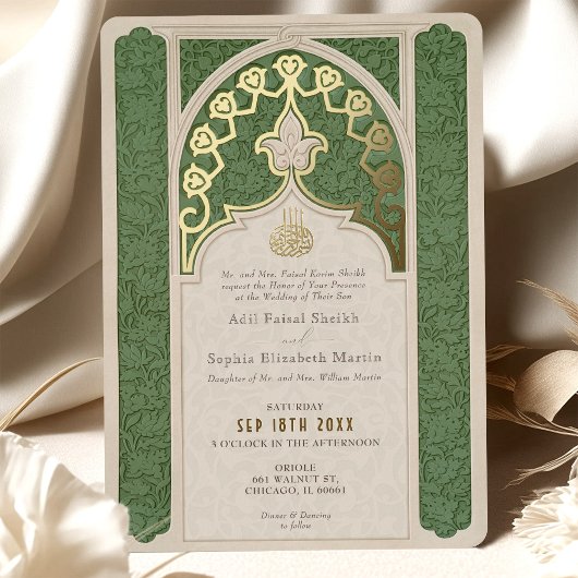 Luxe Islamic Lace Green Wedding Folieneinladung