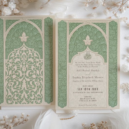 Luxe Islamic Lace Sage Green Wedding Einladung