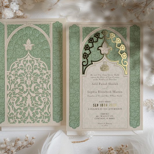 Luxe Islamic Lace Sage Green Wedding Folieneinladung