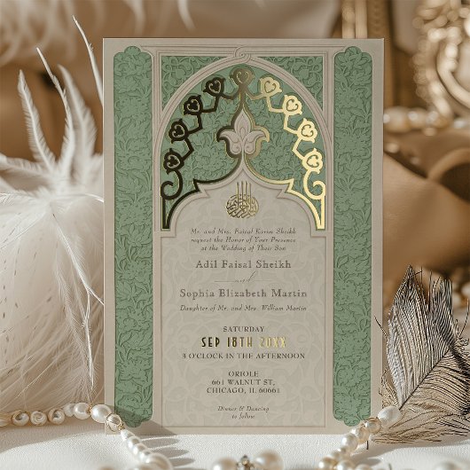 Luxe Islamic Lace Sage Green Wedding Folieneinladung