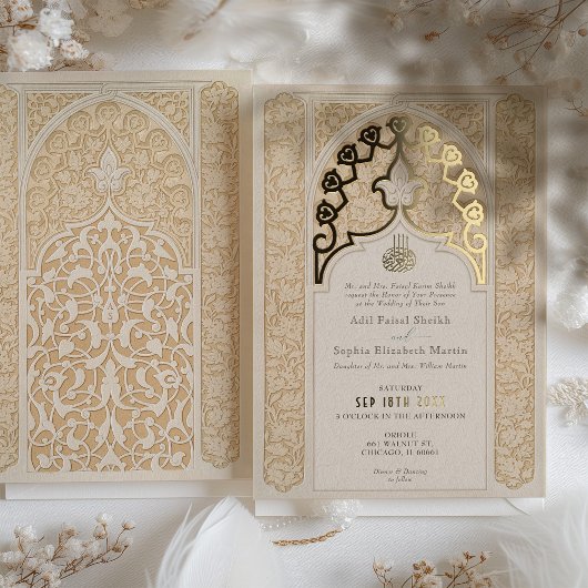 Luxe Islamische Spitze Off-White Wedding Folieneinladung