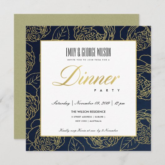 LUXE LUSH NAVY IMITATS GOLD ROSE FLORAL DINNER PAR EINLADUNG (Vorne/Hinten)