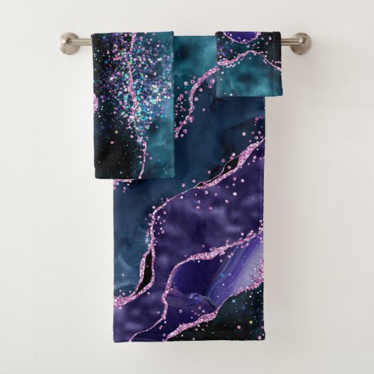 Luxe Marble Crystal Purple Teal Glitter Agate Badhandtuch Set (Insitu)