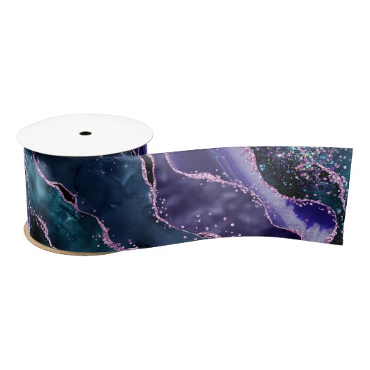 Luxe Marble Crystal Purple Teal Glitter Agate Satinband (Spule)
