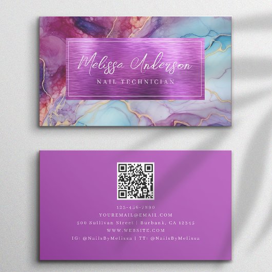 Luxe Marble Foil Lila QR Code Visitenkarte