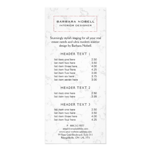 Luxe Marble Luxury Rose Gold Designer Rack Card Werbekarte (Vorne)