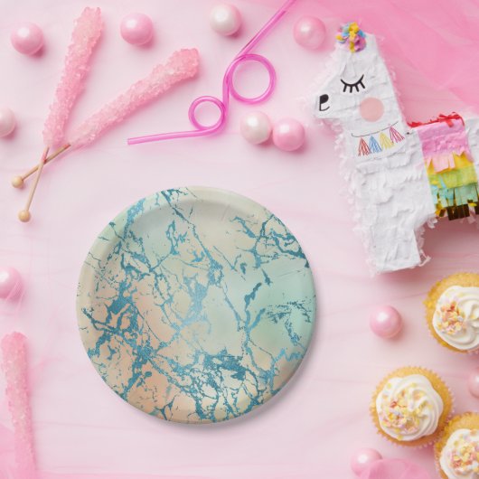 Luxe Marble | Schöne Gelb-und Korallenvene Aquamar Pappteller (Party)