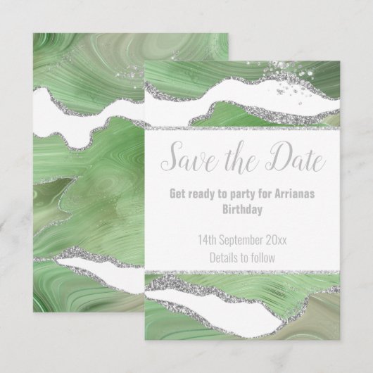 LUXE MARBLE SILVER GRÜNE REAKTION RSVP CARD KARTE (Vorne/Hinten)