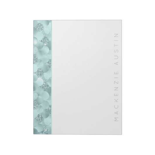 Luxe Mermaid Scales | Aqua Mint Aquamarin Monogram Notizblock (Rotiert)