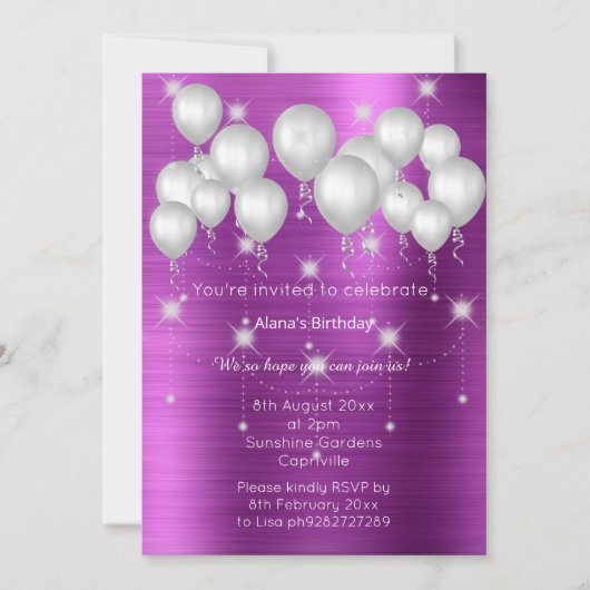 LUXE METALLIC LILA BALLOON BIRTHDAINVITATION EINLADUNG (Vorderseite)