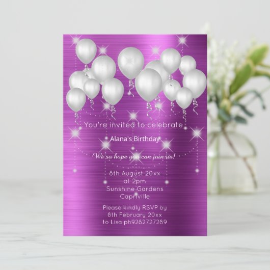 LUXE METALLIC LILA BALLOON BIRTHDAINVITATION EINLADUNG (Stehend Vorderseite)