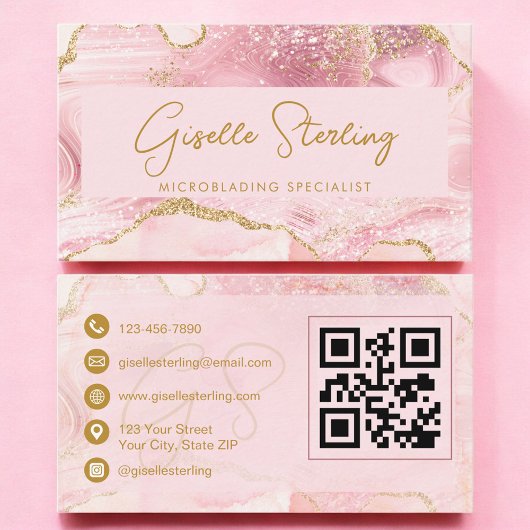 Luxe Microblading Blush Pink Gold Agate QR Code Visitenkarte