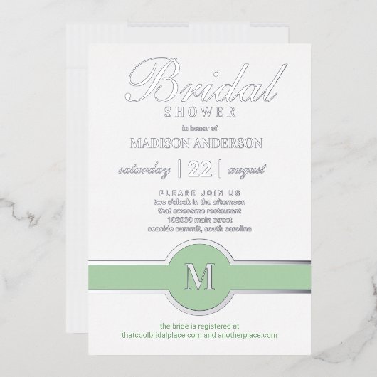Luxe Monogram Chic Brautparty Green Silver Folieneinladung (Briefumschlag)