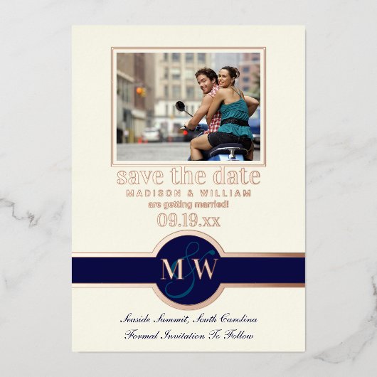 Luxe Monogram Foto Save the Date Navy Rose Gold Folieneinladung (Vorderseite)