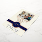 Luxe Monogram Foto Save the Date Navy Rose Gold Folieneinladung (Gedreht)