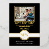 Luxe Monogram Foto Save the Date Schwarz und Gold Folieneinladung (Vorderseite)
