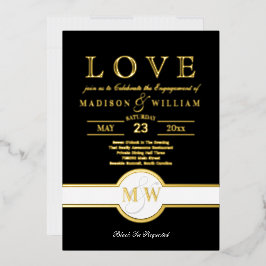 Luxe Monogram LIEBE Engagement Party Black and Gol Folieneinladung