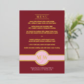 Luxe Monogram Modern Elegante Menu Burgundy Gold Folieneinladung (Stehend vorne)