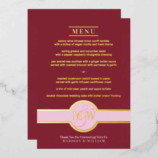 Luxe Monogram Modern Elegante Menu Burgundy Gold Folieneinladung (Vorderseite/Rückseite)