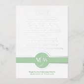 Luxe Monogram Modern Elegante Menu Green Silver Folieneinladung (Vorderseite)