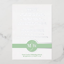 Luxe Monogram Modern Elegante Menu Green Silver Folieneinladung