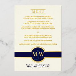 Luxe Monogram Modern Elegante Menu Navy Rose Gold Folieneinladung