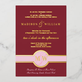 Luxe Monogram Modern Wedding Burgundy Gold Folieneinladung