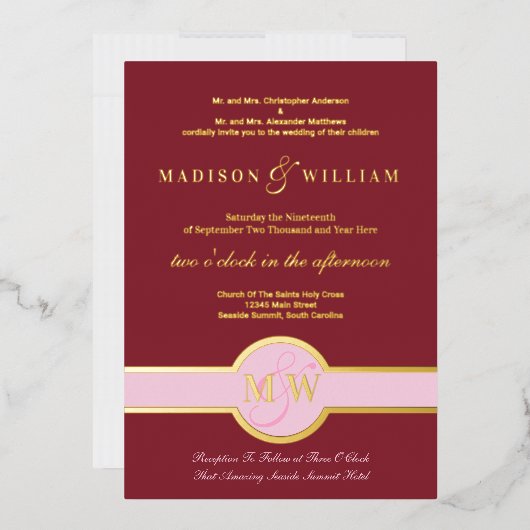 Luxe Monogram Modern Wedding Burgundy Gold Folieneinladung (Briefumschlag)