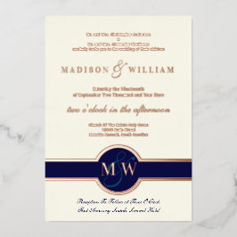 Luxe Monogram Modern Wedding Navy Rose Gold Folieneinladung