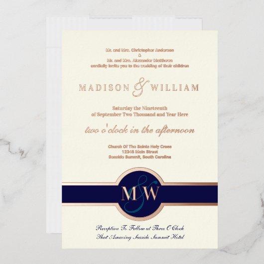 Luxe Monogram Modern Wedding Navy Rose Gold Folieneinladung (Briefumschlag)