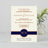 Luxe Monogram Modern Wedding Navy Rose Gold Folieneinladung (Stehend vorne)