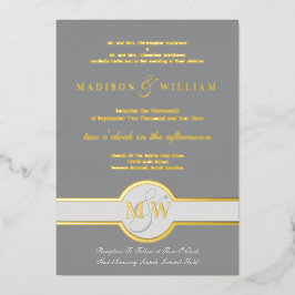 Luxe Monogram Moderne Hochzeit Grau und Gold Folieneinladung